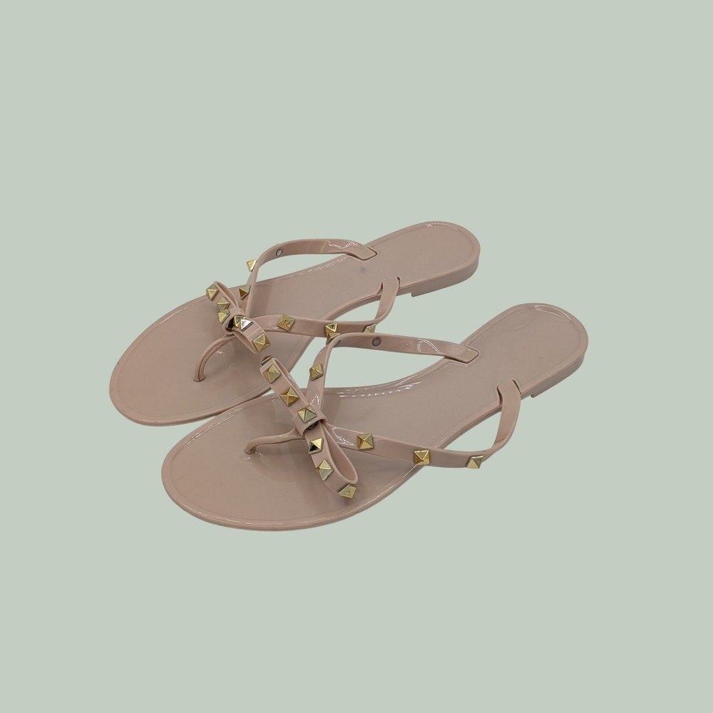 Ann Summer Jelly Sandal 9.5 Tan Gold Rockstud Bow Edgy Feminine Summer Boho Chic